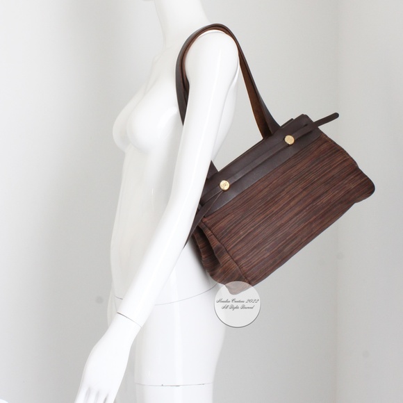 Hermes Herbag Tote Bag Cabas PM Brown Vibrato Leather & Canvas 2-In-1 Bag HTF - Picture 4 of 17